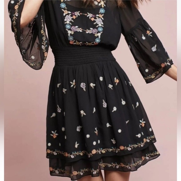 Anthropologie Maeve Anfisa Embroidered Tunic Floral Dress Size 4 Black - Picture 2 of 15